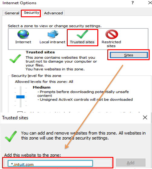 Add Intuit as a Trusted Site